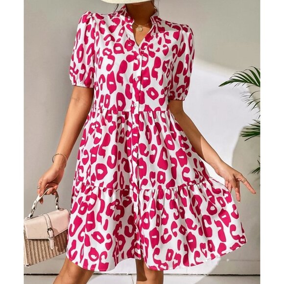 Pink Boho Leopard Print Button Through Puff Sleeve Dress - Picture 1 of 5